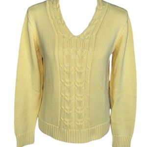 Orvis Butter Yellow Cable Knit Cotton Sweater Vintage Preppy Layering V-Neck SM